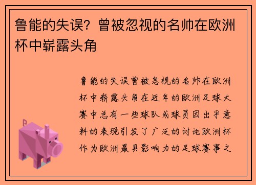 鲁能的失误？曾被忽视的名帅在欧洲杯中崭露头角