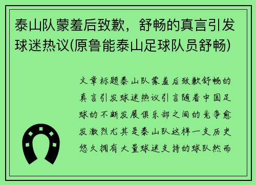 泰山队蒙羞后致歉，舒畅的真言引发球迷热议(原鲁能泰山足球队员舒畅)