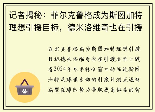 记者揭秘：菲尔克鲁格成为斯图加特理想引援目标，德米洛维奇也在引援名单上