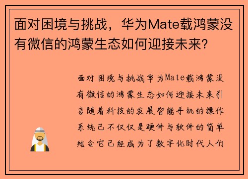 面对困境与挑战，华为Mate载鸿蒙没有微信的鸿蒙生态如何迎接未来？