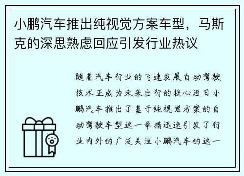 小鹏汽车推出纯视觉方案车型，马斯克的深思熟虑回应引发行业热议